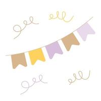 Cheerful and minimalistic with a garland of pastel colors and pennants in the shape of flags, swirls of confetti in soft colors. vector