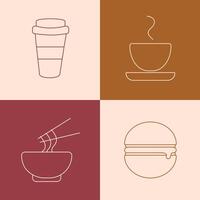 A set of icons with images of various food and beverages. A takeaway coffee cup, a tea cup with a saucer, a plate of noodles with chopsticks, and a juicy burger. vector