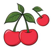 A cherry set in a bright cartoon style with green stems and decorated with detailed green leaves. For use in decorative design, food-themed graphics. vector