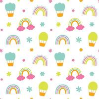 Bright seamless pattern with rainbows, balloons, flowers and clouds. vector