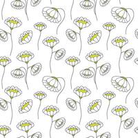 A seamless pattern of stylized flowers on a white background, thin stems and contoured petals, and their centers are highlighted in light green. vector