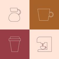A collection of coffee-related icons, a teapot, a mug with a handle, a takeaway cup with a lid, and a coffee maker. The background is made in four colors. vector