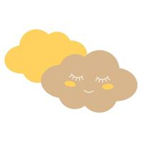 An image of two fluffy clouds, one of which is pale beige in color with a sweet smiling face and closed eyes, and the other is cheerful yellow. vector