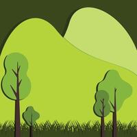 The stylized landscape is a bright green hill with smooth outlines against a dark green sky, a group of trees with rounded lush crowns and a patch of stylized grass at the base. vector
