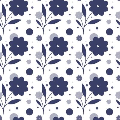 Seamless pattern on a white background with dark blue flowers with rounded petals, small light gray flowers and dark blue and light gray dots.