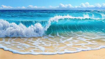 A painting of a beach with waves and a blue sky photo