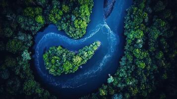 An aerial view of a river flowing through a forest photo