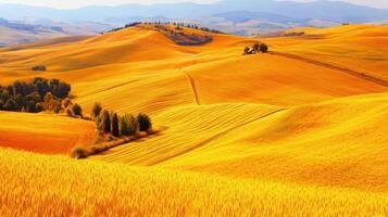 A beautiful landscape with yellow fields and hills photo