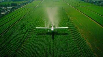 A small airplane is spraying water on a green field photo