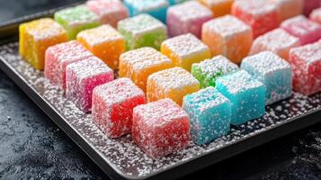 A tray of colorful jellies on a black surface photo