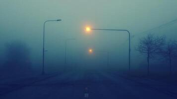A street light is on in the fog photo