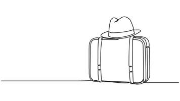 Suitcase topped with a hat, single continuous line for minimalist journey portrayal vector