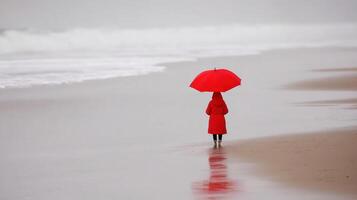 A person in a red coat standing on the beach with an umbrella photo