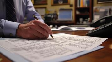 A man is writing on paper with a pen photo