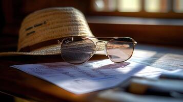 A hat, sunglasses and a paper with a pen on it photo