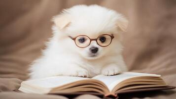 A small white puppy wearing glasses is reading a book photo