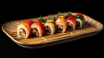 A wooden tray with sushi rolls on it photo
