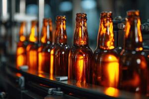 Row of amber glass bottles on a conveyor belt in a factory setting with lighting highlighting their curves, showing an industrial process in action, no visible text present photo