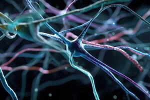 Detailed close-up of interconnected neurons with vibrant colors highlighting the complex neural network, showcasing intricate branches and synapses on a dark backdrop photo