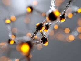 Molecular structure with interconnected silver bonds and glowing orange spheres represents a complex network. Bright, artistic depiction of chemical connections, symbolizing innovation and technology photo