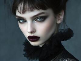 Striking portrait of a woman with bold makeup, dark lipstick, and captivating eyes, wearing a ruffled black collar against a soft focus backdrop. Her gaze is intense and mysterious photo