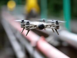 Quadcopter drone flying in mid-air, depicting its propellers in motion and camera lens focused towards the viewer. Background is blurred, giving a sense of speed and movement photo