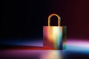 Golden padlock with a textured multicolored surface is illuminated in the darkness, showcasing its shine and vivid gradient hues, casting a subtle reflection on the surface below photo