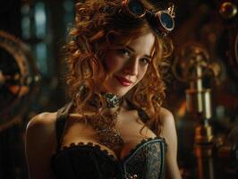 Curly-haired woman in a detailed corset adorned with chains and goggles. Steampunk setting with intricate machinery and gears visible in the background, giving a vintage industrial vibe photo