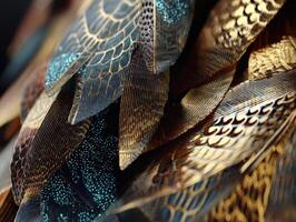 Close-up view of overlapping, intricately patterned feathers with a mix of metallic gold and iridescent blue, showcasing detailed textures and natural beauty. No text visible photo