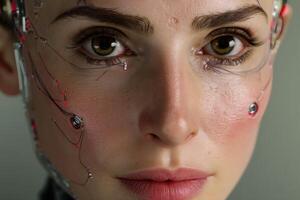 Close-up of a woman's face with artificial enhancements, showing detailed circuitry on the skin and a subtle expression. Her eyes appear large and expressive, and lips are softly colored photo
