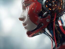 A humanoid robot head with metallic red and silver components, intricate wiring, and illuminated circuits. The detailed design shows advanced technology and futuristic aesthetic photo