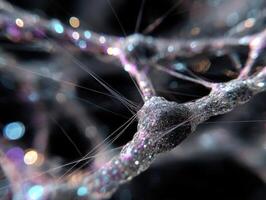 Abstract close-up of intricate, glistening structures resembling neural networks with delicate strands, illuminated by shimmering lights, in a dynamic and ethereal composition photo