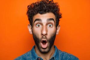 Curly-haired man with a beard in a denim shirt, displaying a surprised expression with wide-open eyes and mouth. The bright lighting accentuates the facial features photo