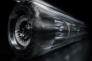 Futuristic metallic cylindrical object with intricate internal components, featuring a turbine-like structure at one end, surrounded by sleek, dynamic motion blur, no text visible photo
