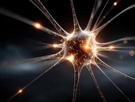 A glowing neural network structure with interconnected strands is displayed, featuring a central bright node surrounded by a dark gradient backdrop, emitting bright light points photo