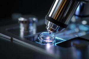 Microscope lens focusing on a glass slide under bright light, showcasing scientific observation in detail. Metal parts reflect light, creating a high-tech, futuristic appearance photo