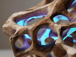 Organic, wooden structure with intricately carved holes reveals a glowing, blue-lit pattern inside. The artistic form showcases an interplay of natural texture and artificial light photo