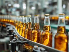 Bottles filled with amber liquid are lined in rows on a moving conveyor inside an industrial production facility, with a blurred background creating a sense of depth and movement photo