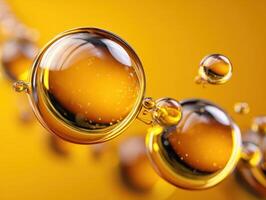 Shiny transparent spheres with reflective surfaces appear to float in a seamless pattern. Their rich amber tones and reflections create an abstract, dreamy visual effect photo