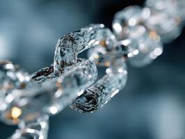 Close-up of a sparkling chain of crystal-like links, with intricate facets reflecting light. The background is softly blurred, creating a sense of depth and focus on the chain photo