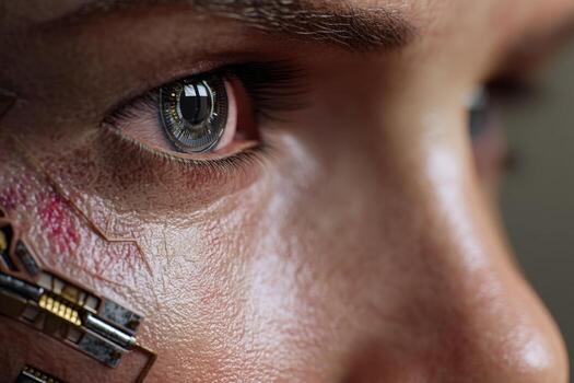 Close-up of a human eye with mechanical elements embedded in the skin, showcasing a blend of organic and technological features, highlighting intricate circuitry and a lifelike iris photo