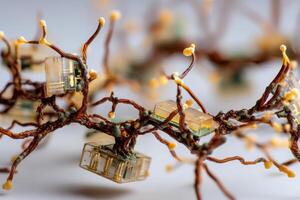 A close-up of intricate wire structures resembling tree branches with translucent cubes attached, abstract and delicate, featuring tiny yellow nodes distributed along the branches photo