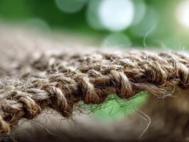 Close-up of woven textured fibers with fine strands and natural beige tones. The background is softly blurred with green and white circular bokeh, enhancing the rustic, organic feel photo
