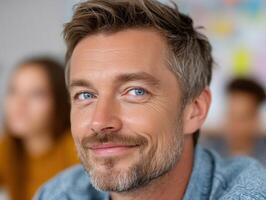 Smiling man with stubble, wearing a blue shirt, looking confidently at the camera. Slightly blurred, colorful background with people. Bright lighting highlights facial features photo