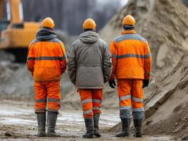 Three construction workers in orange safety gear and helmets stand on a sandy construction site, facing large equipment and mounds of sand under an overcast sky photo