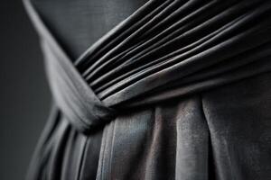 Dark elegant fabric with intricate pleats and folds, creating a textured and flowing appearance. Light subtly highlights the contours, adding depth and contrast to the material photo