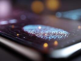 A close-up of a smartphone with a digital fingerprint scan on the screen, illuminated by warm and cool light tones, creating a futuristic and secure technological ambiance photo