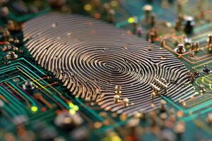 A close-up of a circuit board featuring a prominent metallic fingerprint pattern, showcasing intricate electronics components and colorful pathways, symbolizing the fusion of technology and identity photo