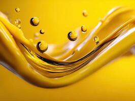 Abstract liquid design with smooth flowing golden waves and floating spheres, creating a sense of dynamic motion and luxurious fluidity. The vibrant yellow enhances the energetic feel photo