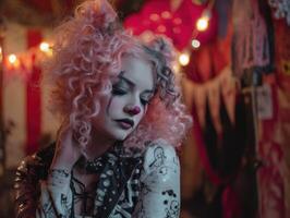 Curly-haired clown with dramatic makeup, wearing a patterned outfit in a dimly lit tent adorned with warm string lights and colorful decorations, emanating a whimsical vibe photo